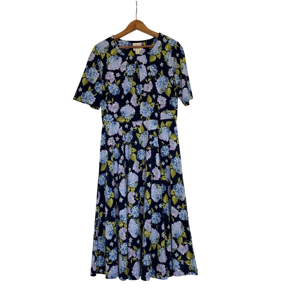 Appleseed's Womens Blue Hydrangea Floral Knit Midi Dress S Petite Cottagecore